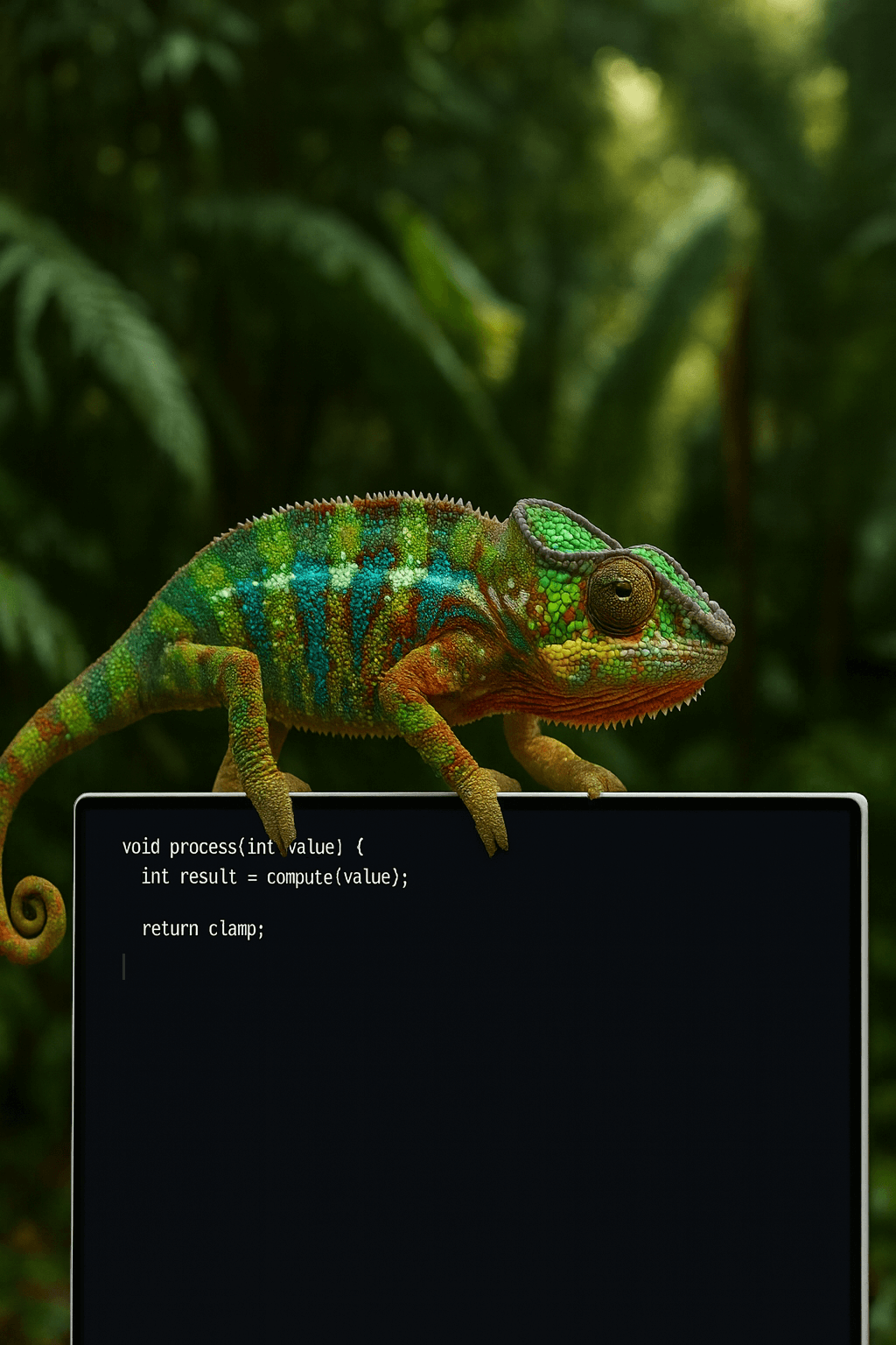 Chameleon on the e-device displaying code in the tropical jungle