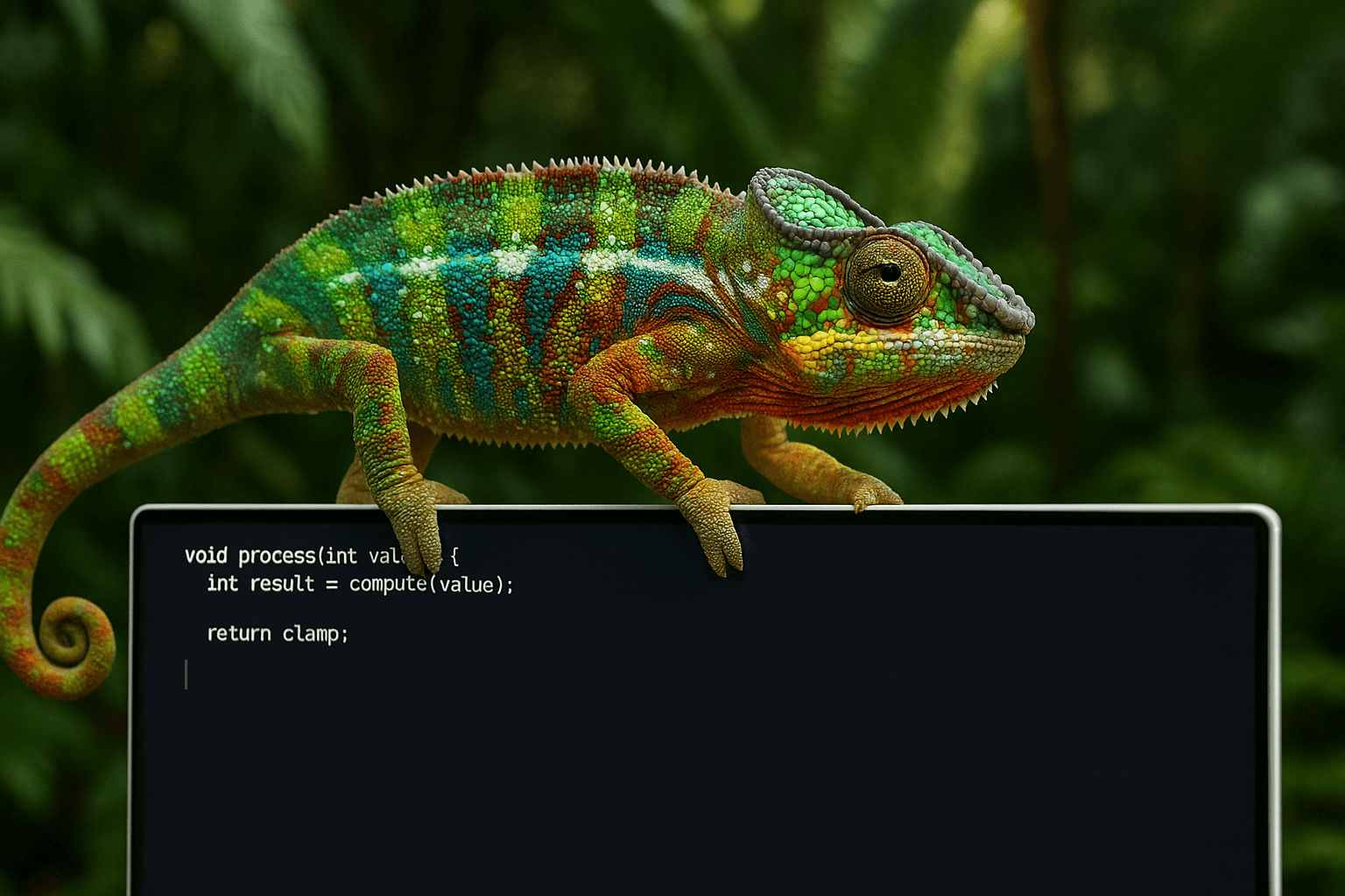 Chameleon on the e-device displaying code in the tropical jungle