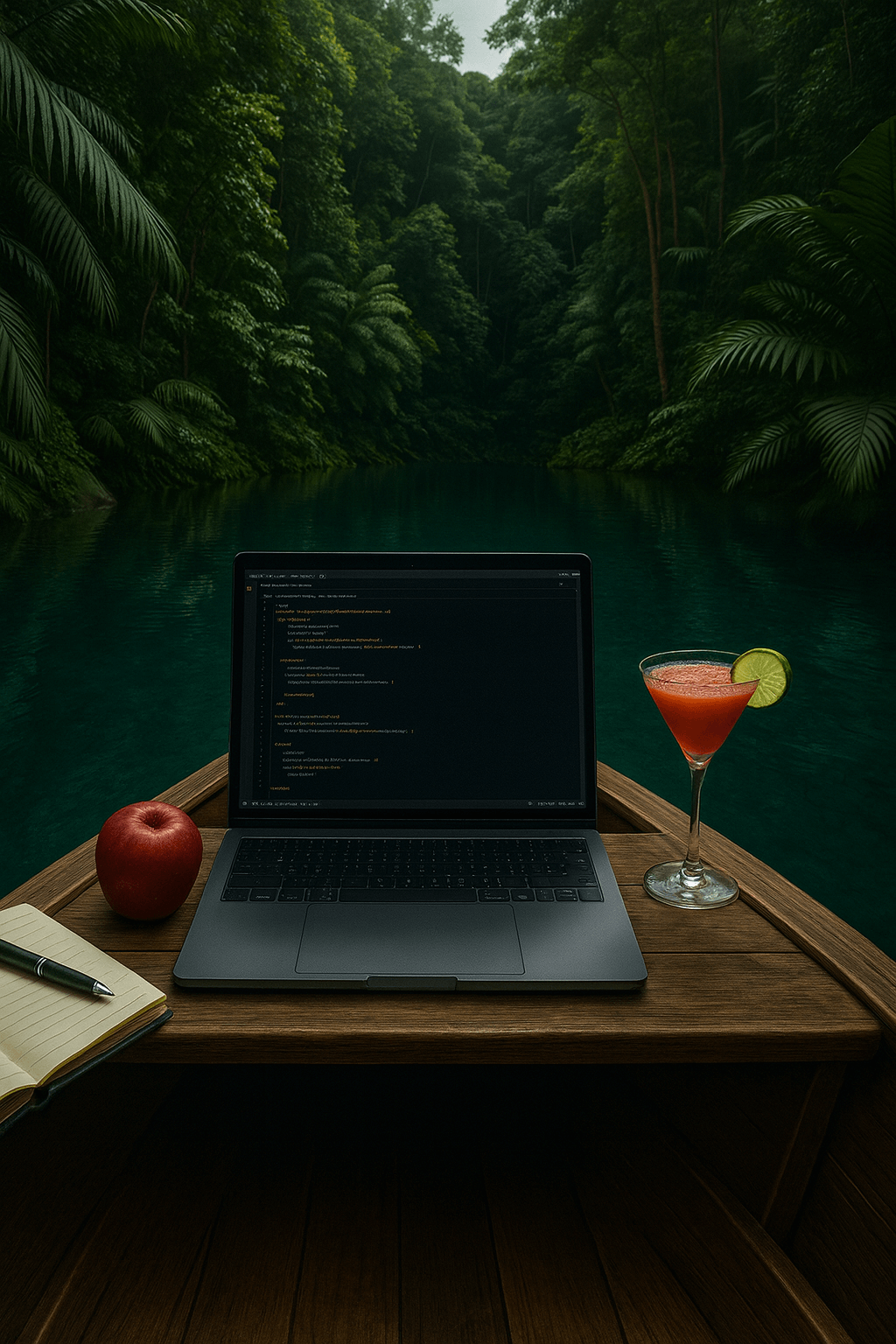 Notebook displaying code with a coctail on the boat floating on the crystal clear lake