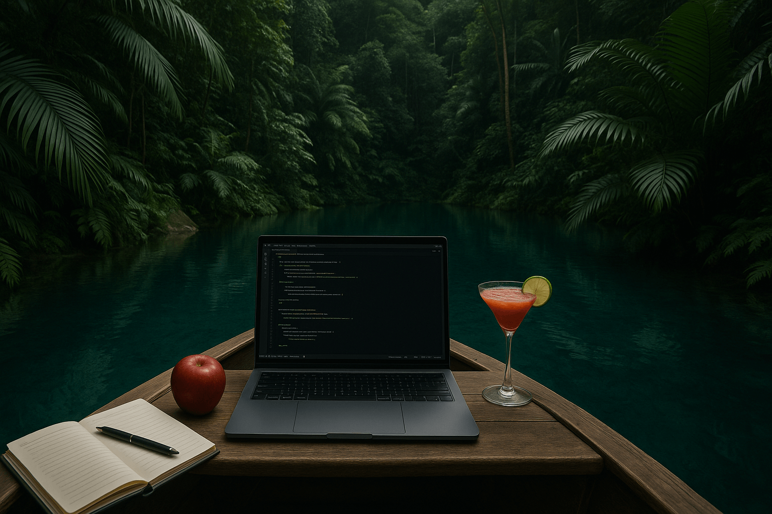 Notebook displaying code with a coctail on the boat floating on the crystal clear lake