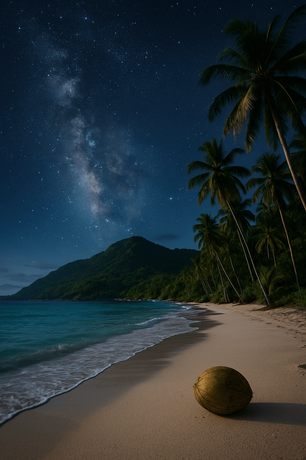 Stary night with the Milky Way galaxy as a backdrop looked up from a tropical island with a single coconut