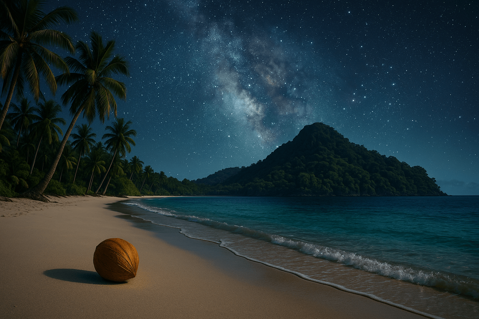 Stary night with the Milky Way galaxy as a backdrop looked up from a tropical island with a single coconut